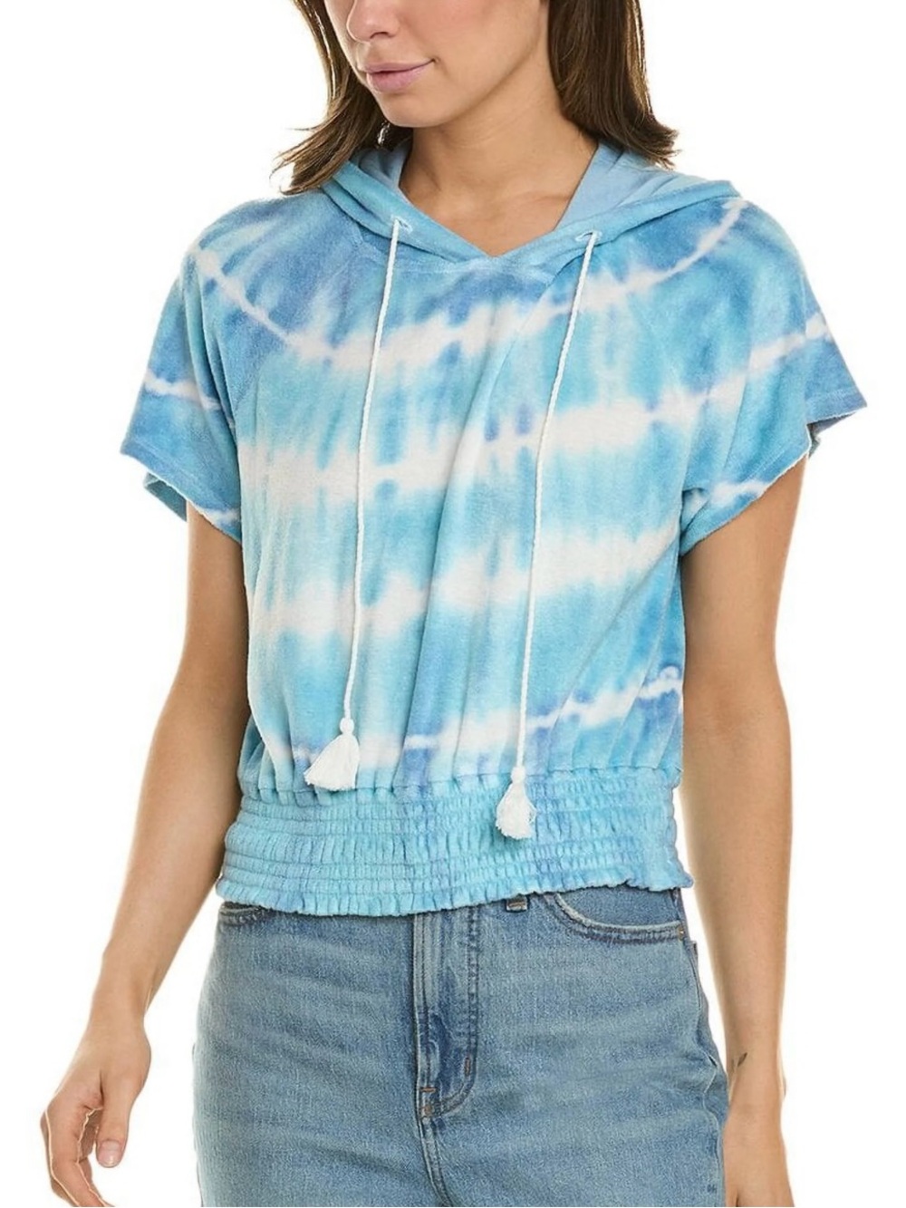 Bella Dahl Smocked Short Sleeve Hoodie- Tide Pool Stripe Dye, Size XS